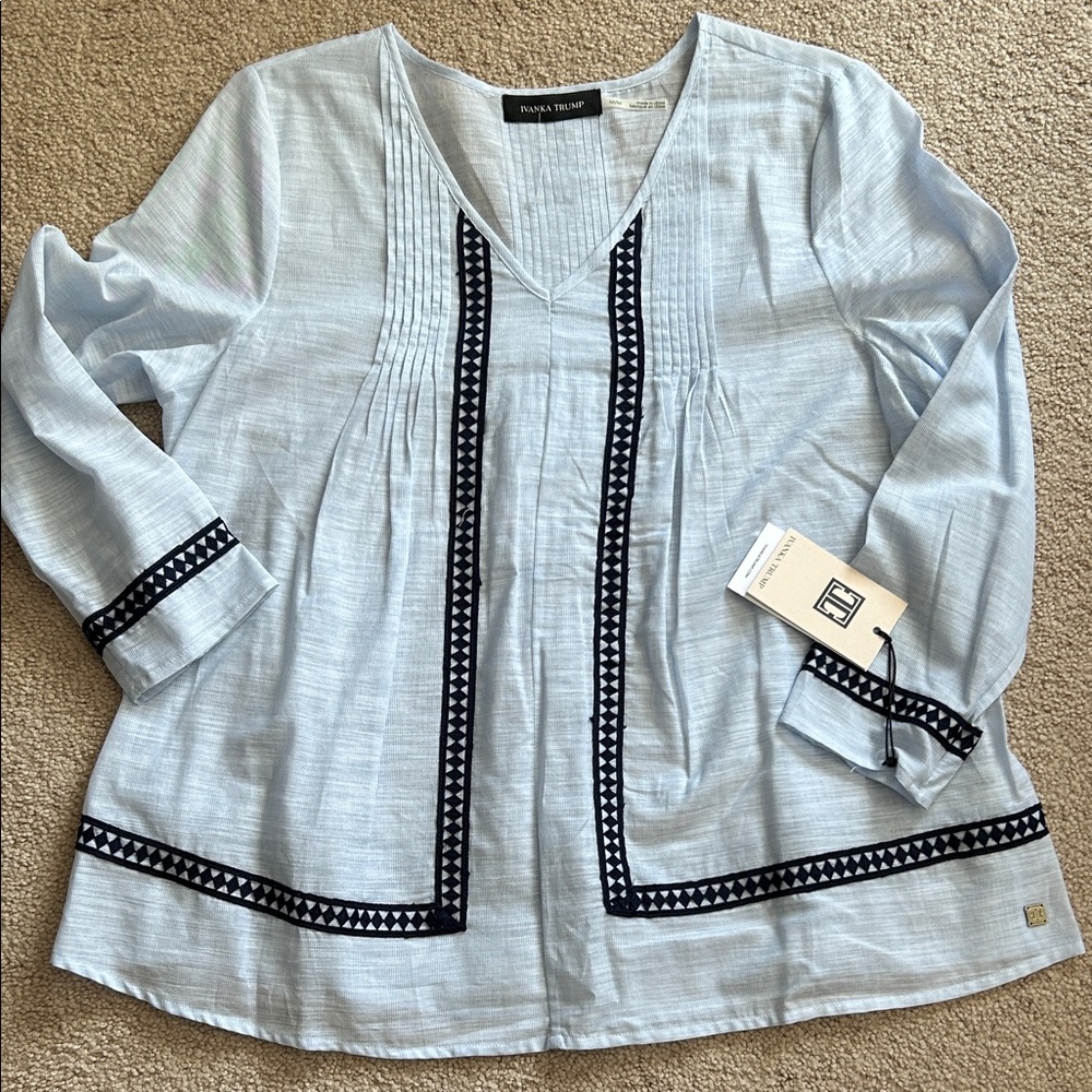 Ivanka Trump Light Blue Blouse with Black Trim